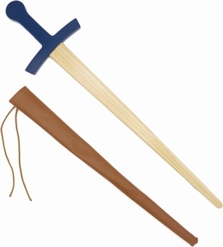 Houten zwaard met schede blauw handvat 