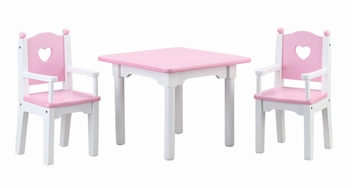 Poppenmeubels tafel met 2 stoelen.