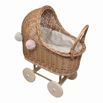Poppenwagen rieten kap Cr&egrave;me bekleding incl 6 pompons