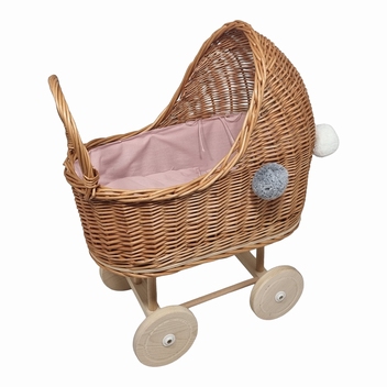 Poppenwagen rieten kap Roze bekleding incl 6 pompons