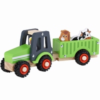 Tractor met aanhanger groen; incl boer, koe en paard 