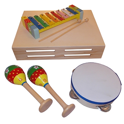 Muziekset pastel geel sambabal, metalofoon en tamboerijn