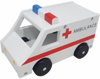 Ambulance groot met zwart houten wielen