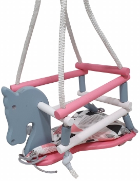 Schommel paard kleur met kussentje; grijs/roze/wit