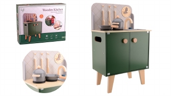 Houten groene keuken met kunstof accessoires
