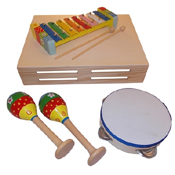 Muziekset pastel geel sambabal, metalofoon en tamboerijn in kist