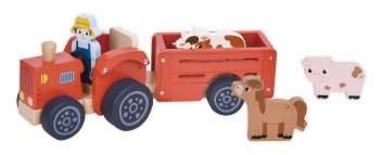 Tractor met aanhanger rood; incl boer, koe  paard en varken