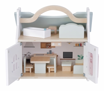 Poppenhuis met handgreep  wit/groen inclusief meubels; Openklapbare voorkant
