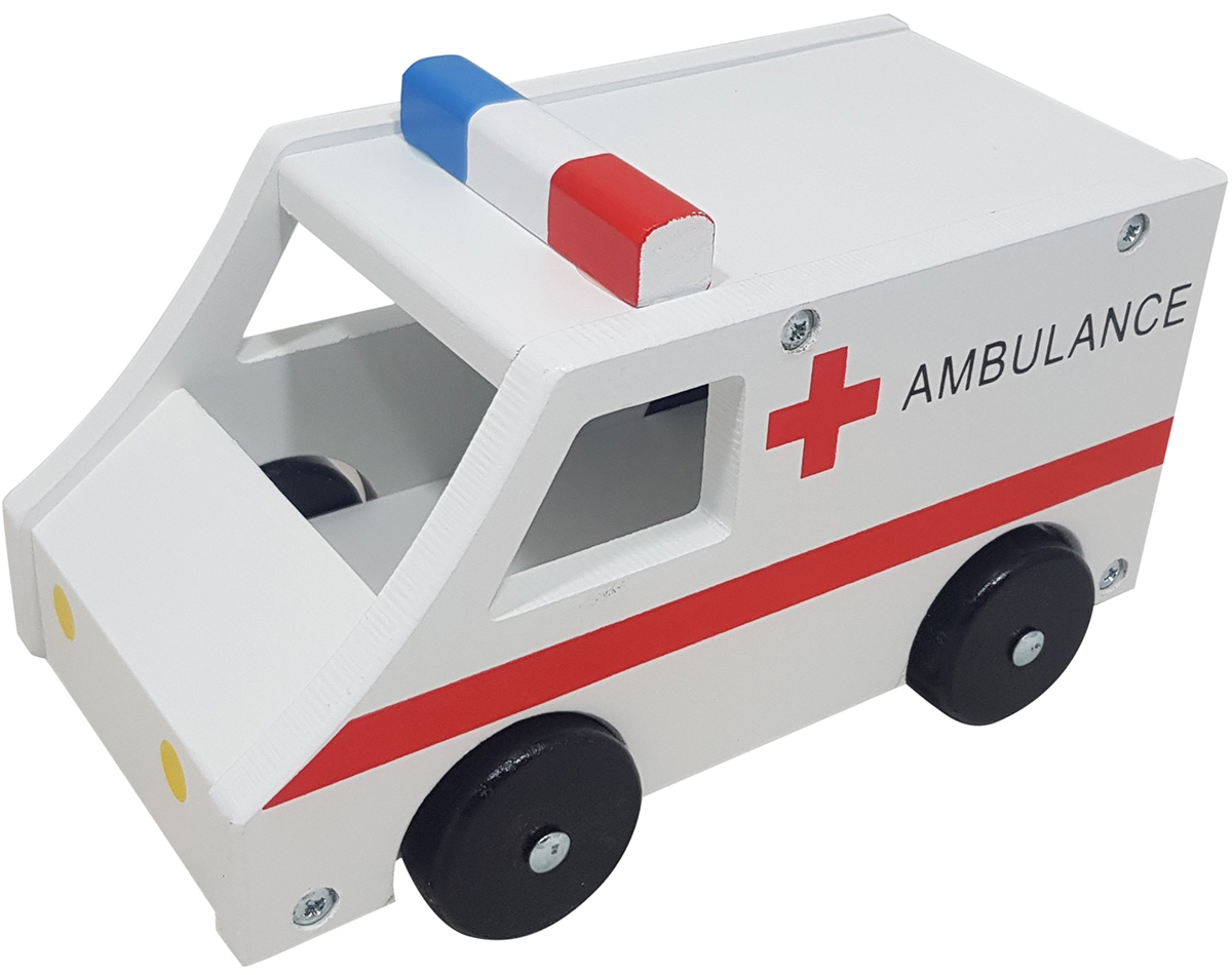 Ambulance groot met zwart houten wielen