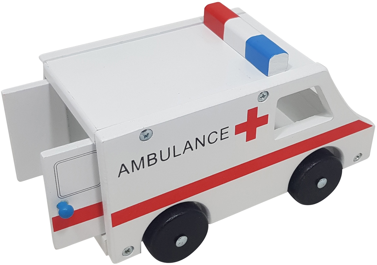 Ambulance groot met zwart houten wielen
