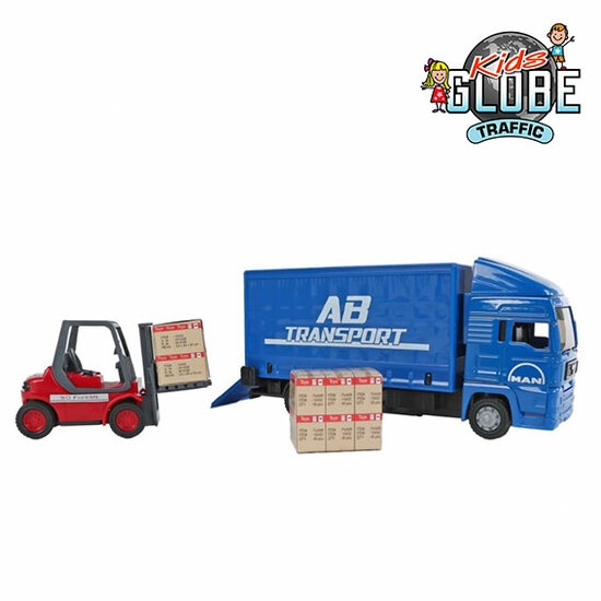 Die-cast kids globe M.A.N vrachtwagen met vorkheftruck