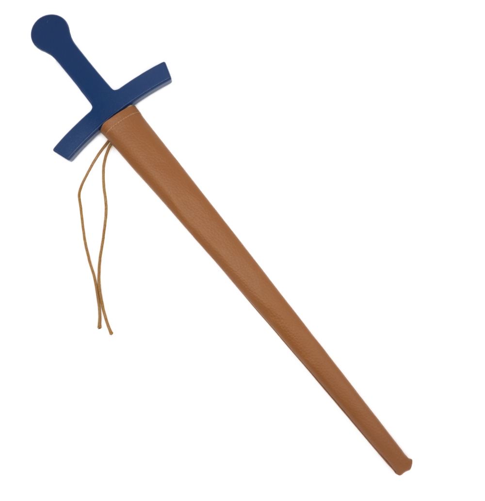 Houten zwaard met schede blauw handvat