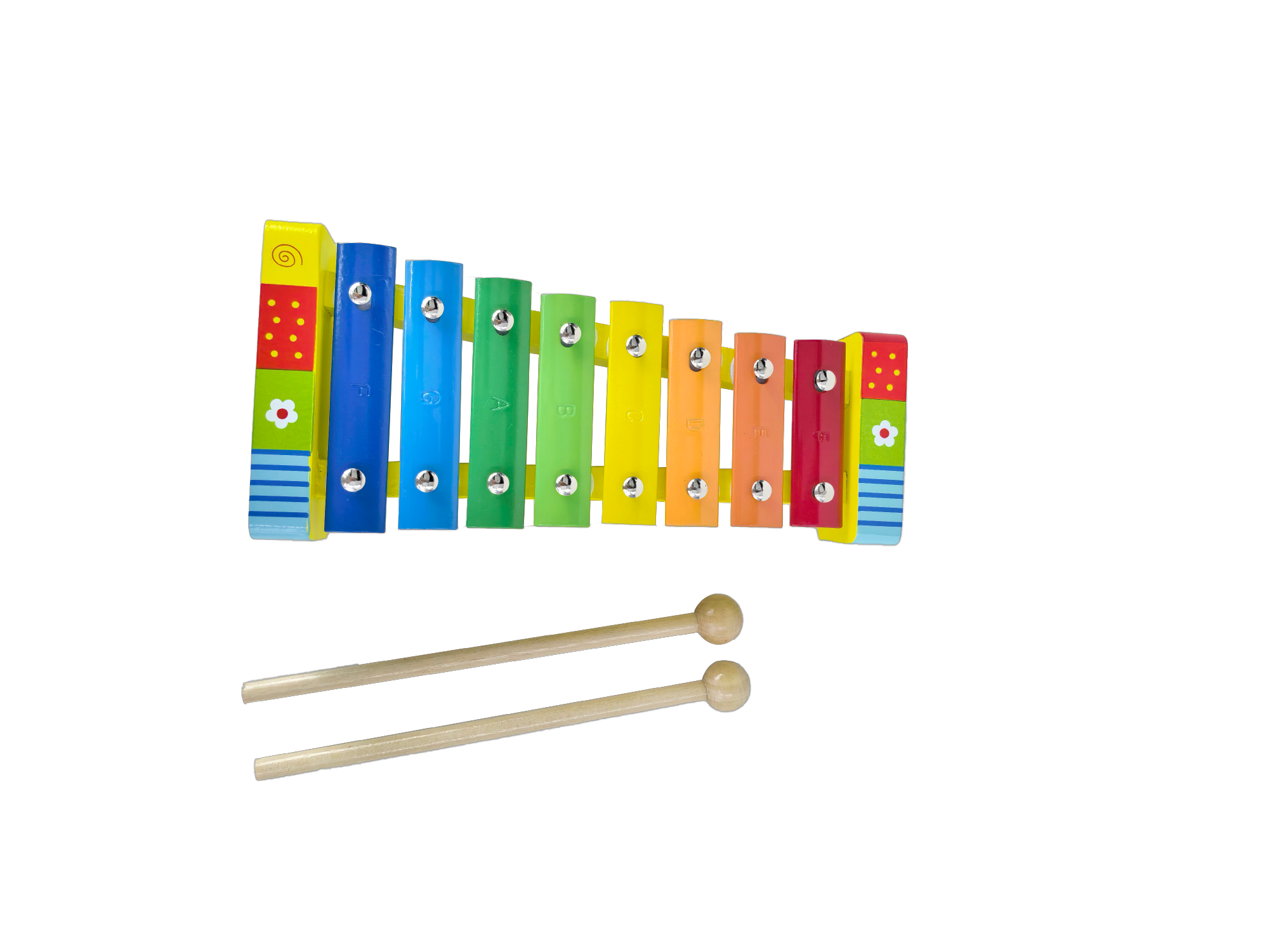 Muziekset pastel geel sambabal, metalofoon en tamboerijn in kist