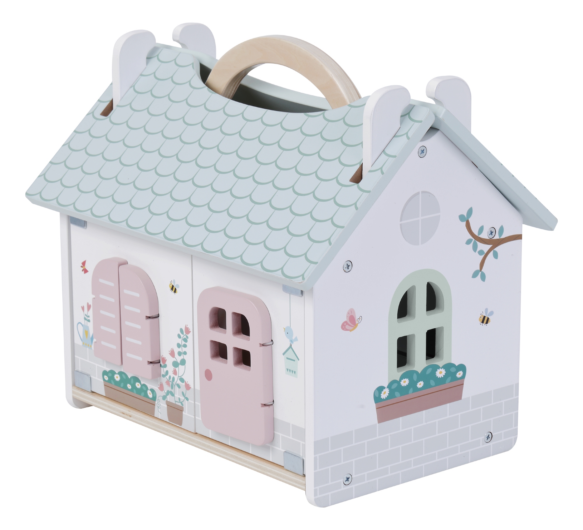 Poppenhuis met handgreep  wit/groen inclusief meubels; Openklapbare voorkant