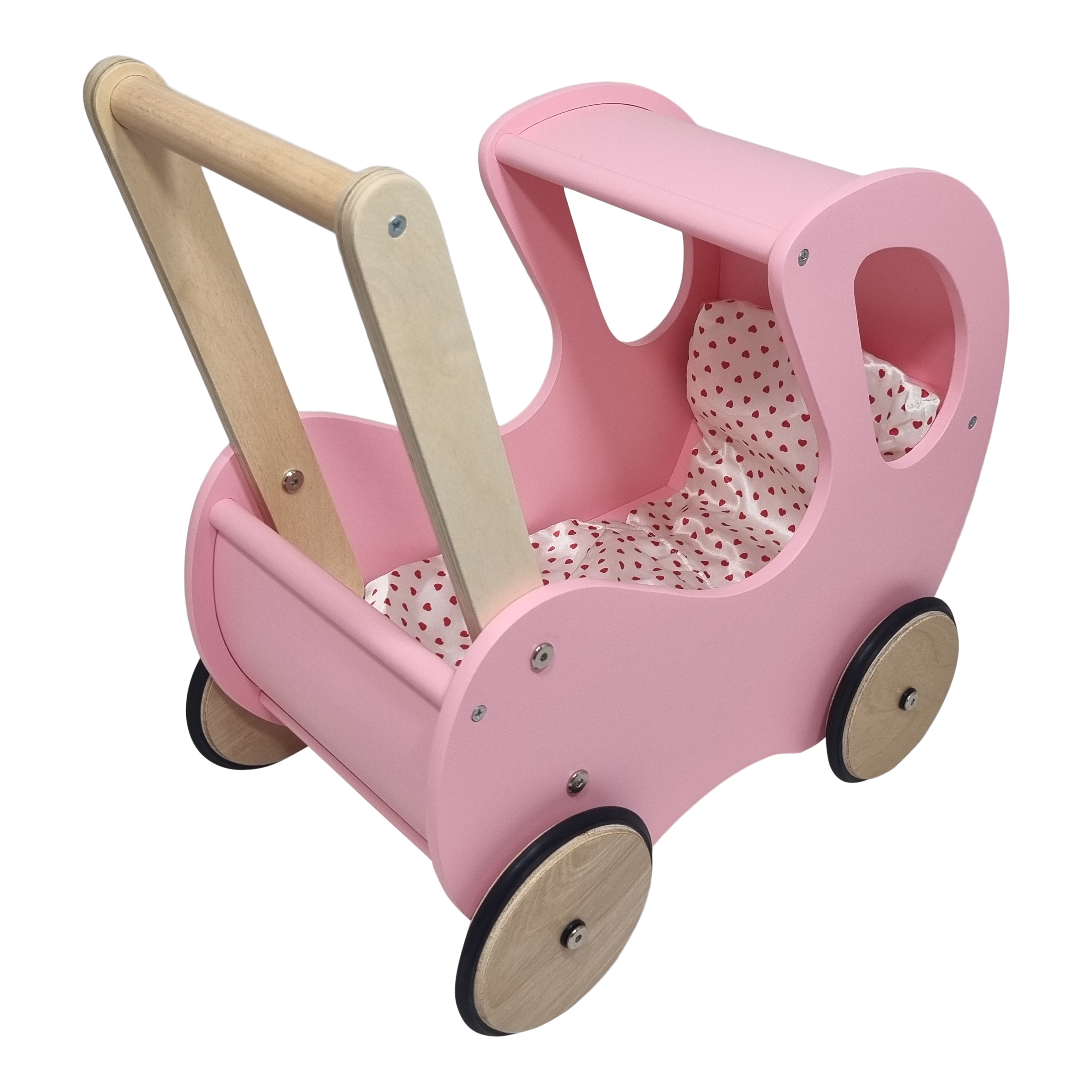 Poppenwagen klassiek roze ; incl witte hartjebekleding