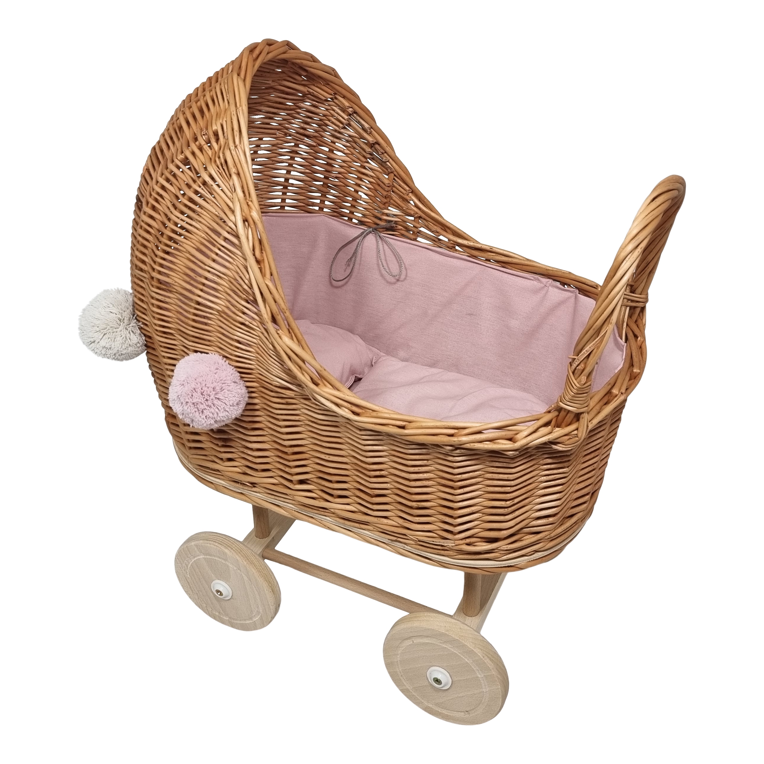 Poppenwagen rieten kap Roze bekleding met 4  pompons