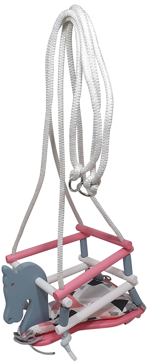 Schommel paard kleur met kussentje; grijs/roze/wit