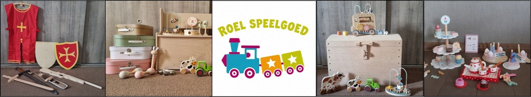 Logo Houten speelgoed groothandel Roël Speelgoed; puzzels, muziekinstrumenten, treintjes, treinbanen etc.